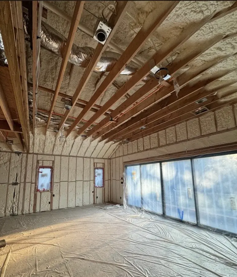 Interior walls and ceiling insulated with spray foam during new construction in Veneta